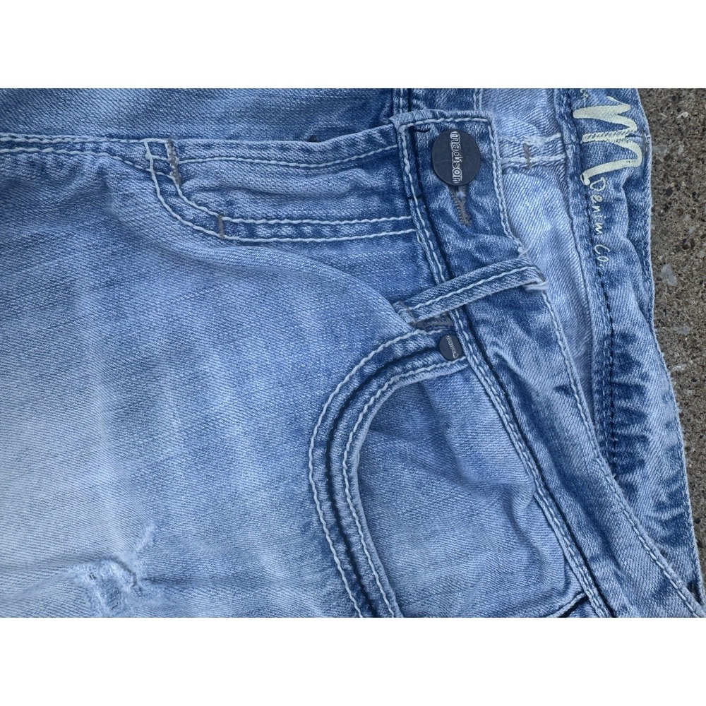 Madison Denim Women's Low Rise Flare Leg Distress SZ 7/8 Dark Stitch Embroidery - Picture 8 of 15
